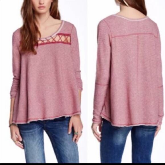 Free People Lacey Love Swing Top Pink White Striped Lace Up Size Small - Picture 9 of 9